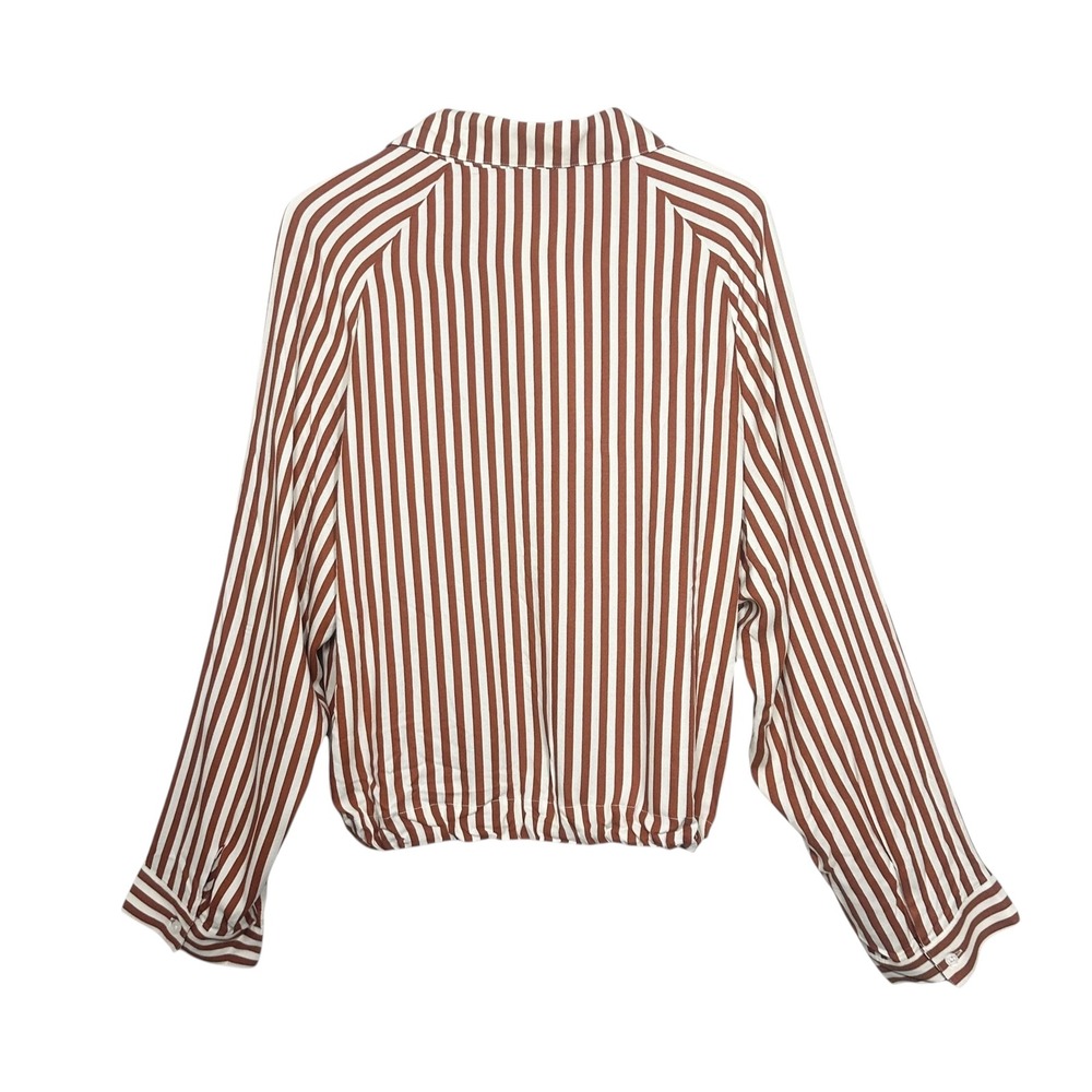 LNA Evereve Alpine Striped Button Down Shirt Drawstring Hem Brown Ivory L NWT - Picture 3 of 13